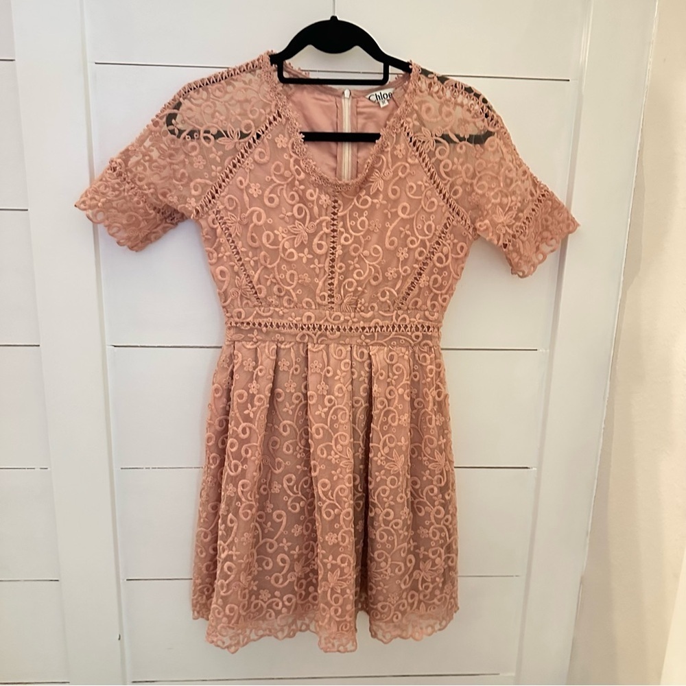 CHLOE M Pink Lace 1/2 sleeve woman midi quiet luxury feminine cottagecore dress